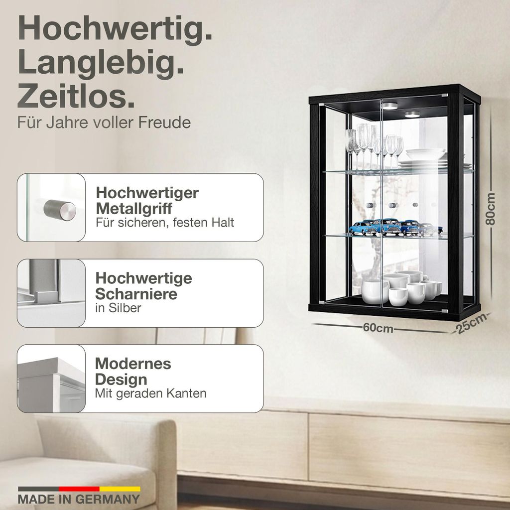K-Möbel Hängevitrine in Schwarz (80x60x25 cm) mit 2