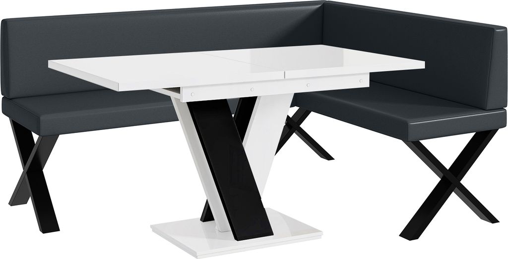 MEBLINI Eckbank für Esszimmer mit ausziehbarem Tisch - Küchenbank - Essecke - Sitzecke Küche - TONI - X-Beine 128x168x87cm Rechts - Dunkelgrau K...