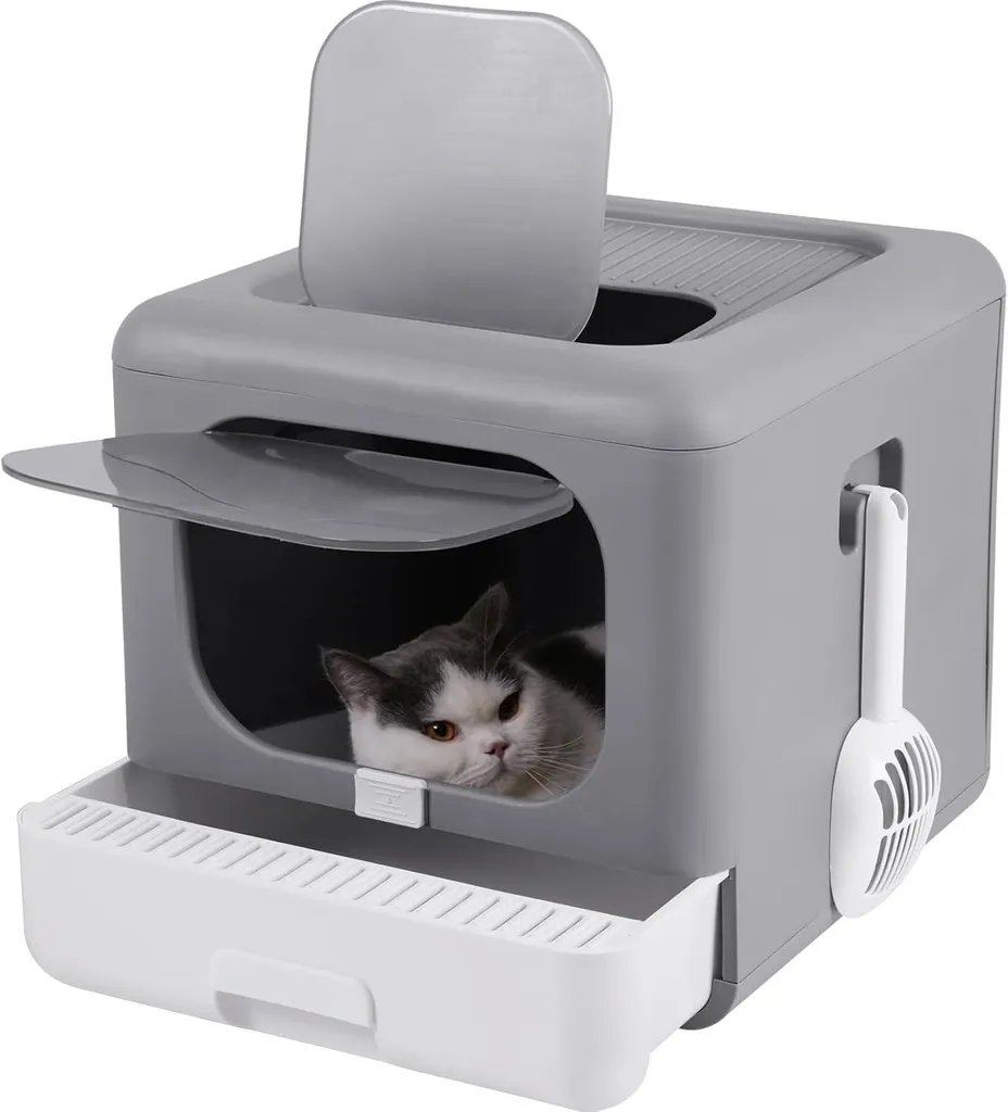 FATIVO Lettiera per gatti con coperchio: lettiera pieghevole per animali domestici con porta frontale 43×40,5×37,5cm, vaschetta e paletta, grigia