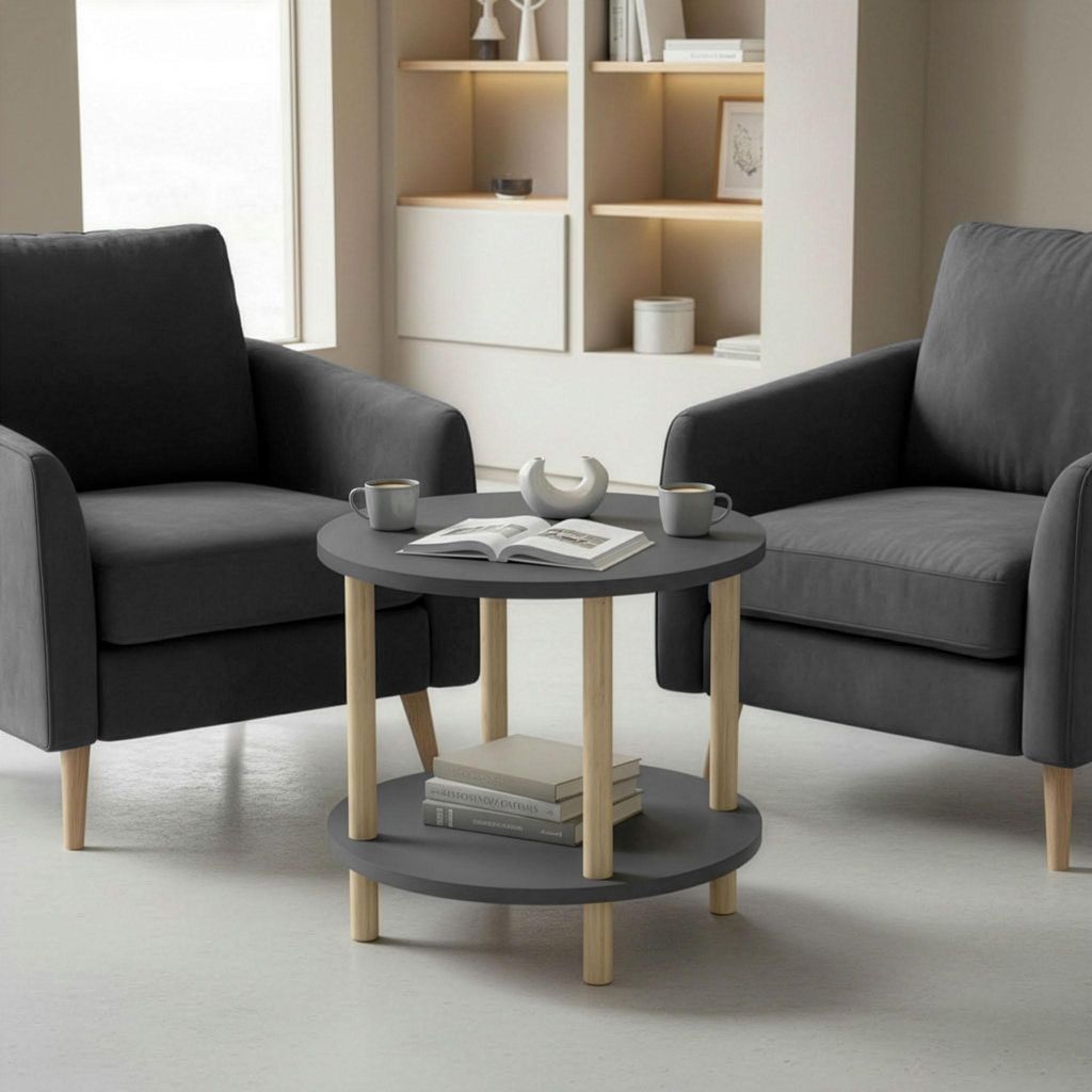 Beistelltisch Rund Eiche 2 Ablagen 49 x Ø 42 cm Wohnzimmer Sofatisch Couchtisch Holzmer (Schwarz-marmor, Rund)