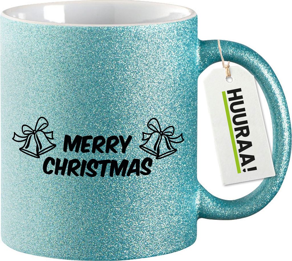 Huuraa Glitzertasse Merry Christmas Glocken 330ml Blau Keramik Kaffeebecher Geschenkidee
