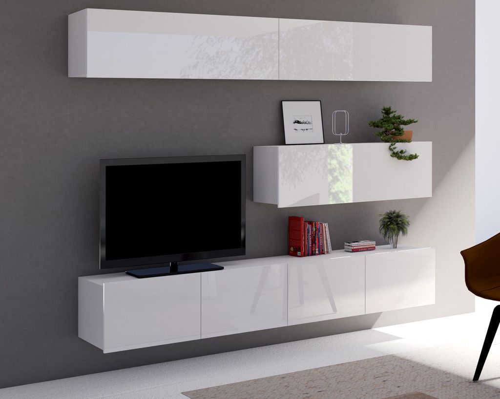 Wohnwand Amanda V, Wohnzimmer-Set, Moderne Anbauwand, Schrankwand, Mediawand (Weiß / Weiß Hochglanz)