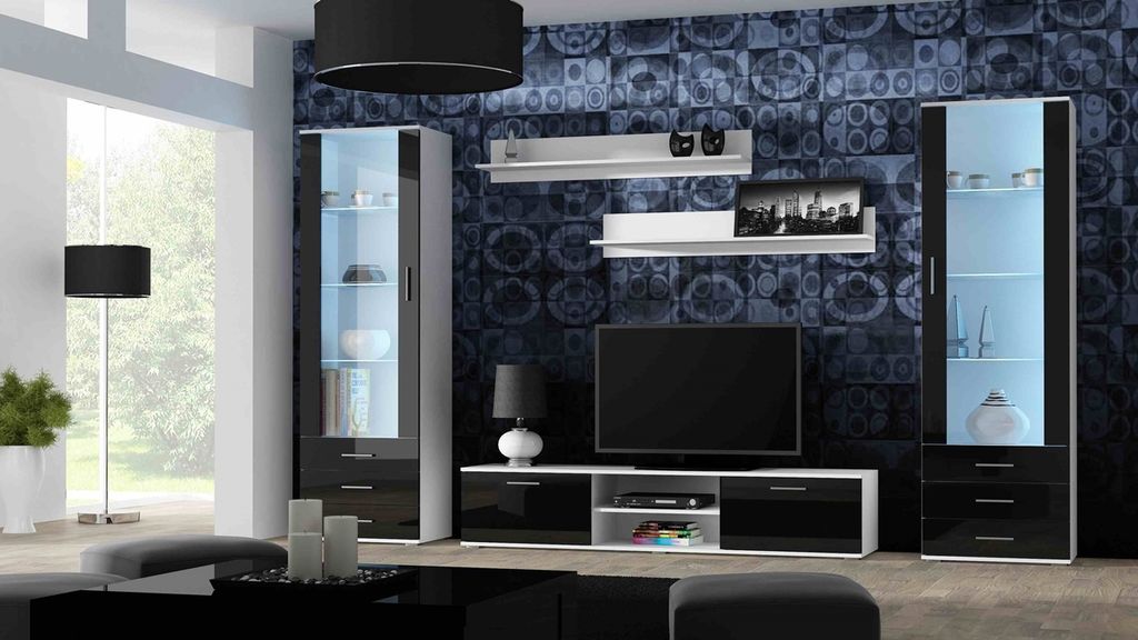 Medienwand Wohnzimmer - Set 5tlg SOHO 4B weiß / schwarz hochglanz mit Vitrinenschränke Tv Lowboard Wandregale
