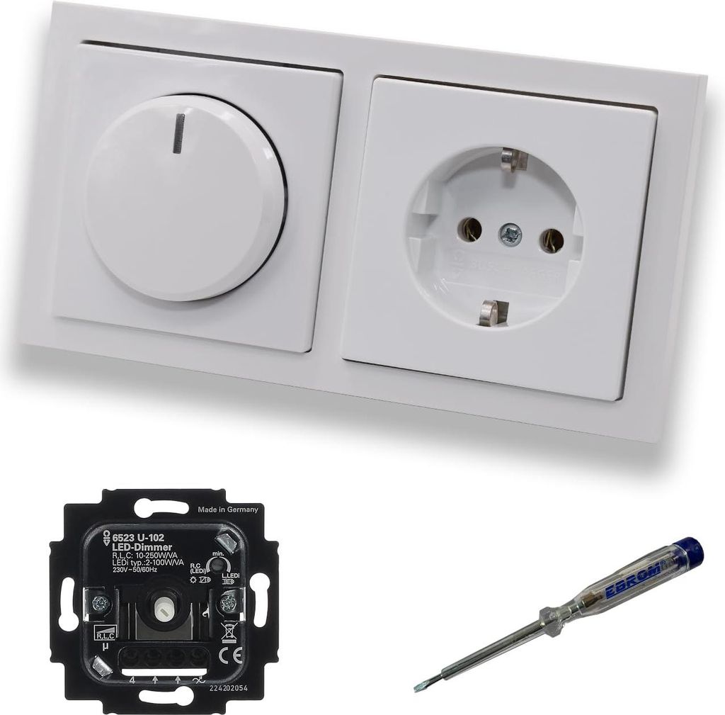 Busch Jäger 6523U-102 LED Drehdimmer Dimmer + Dimmerscheibe 6540-84-102 und Steckdose 20EUC-84 in Future Linear Studioweiß glänzend inklusive EB...
