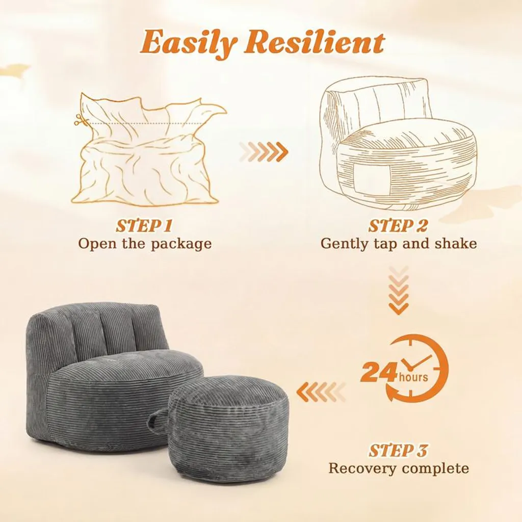 Fauteuil de chambre confortable gris en flanelle avec pouf rond de repos - 9