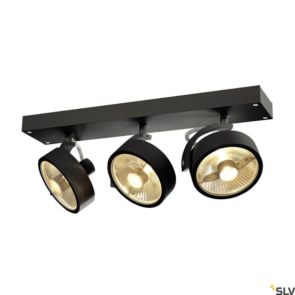 A black three-light track light fixture against a white background.