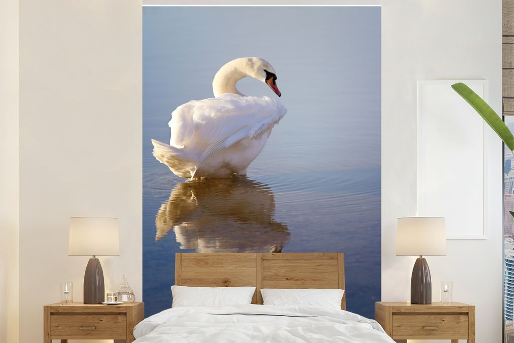 MuchoWow Fototapete für Wohnzimmer oder Schlafzimmer Wandtapete Vinyl Motivtapete Schwan - Vogel - Wasser - 200x300 cm - Wanddekorationen