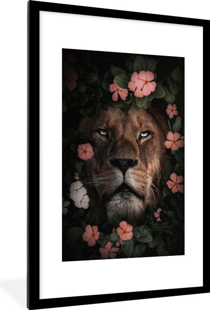 MuchoWow MuchoWow Gerahmtes Poster Dschungel - Löwe - Blumen - Rosa 60x90 cm - Poster mit zchwarzem Bilderrahmen - Dekoration - Wandposter Woh...