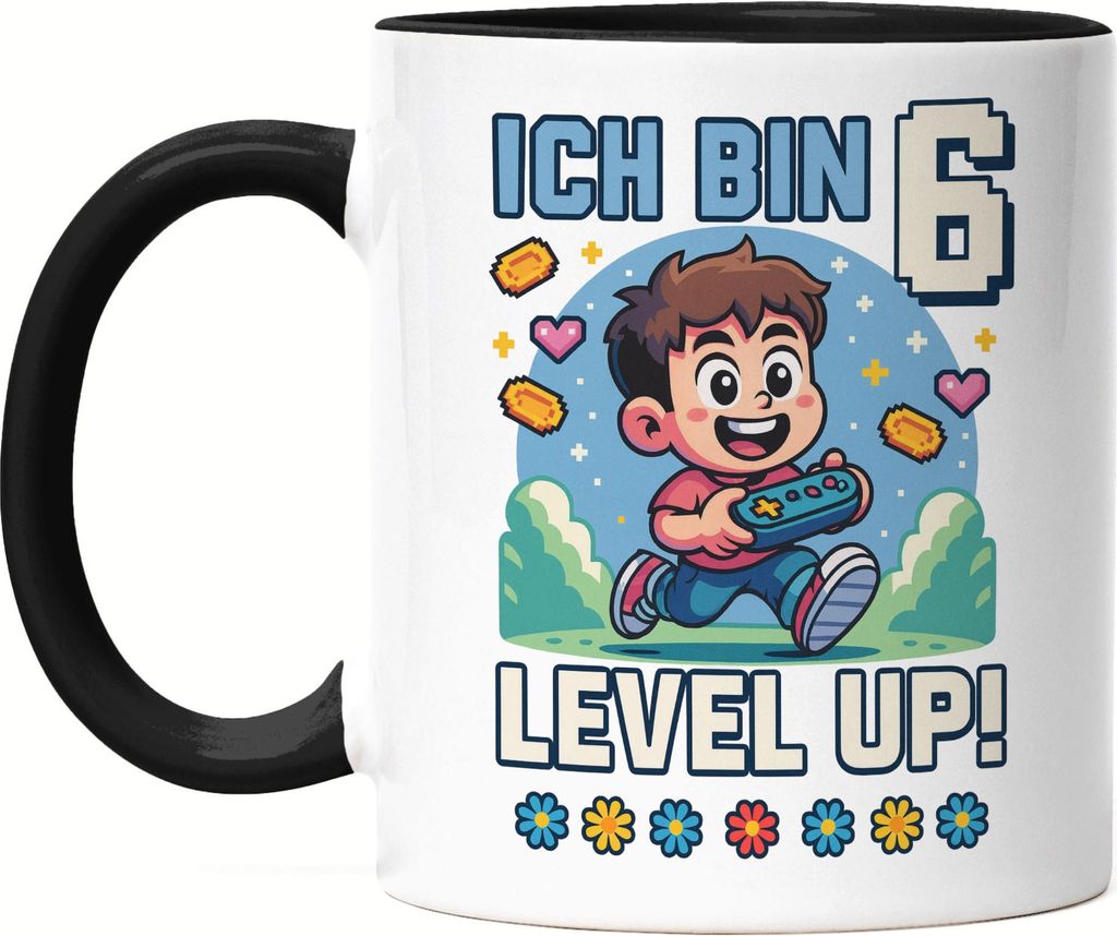 Ich bin 6 Level Up Tasse Schwarz Geschenkidee Kindergeburtstag Gamer Junge Mädchen 6 Jahre
