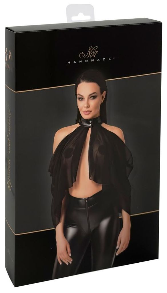 Noir Oberteil Schwarz Tüll Powerwetlook Schulterfreier Cape-Style Asymmetrisch Neckholder