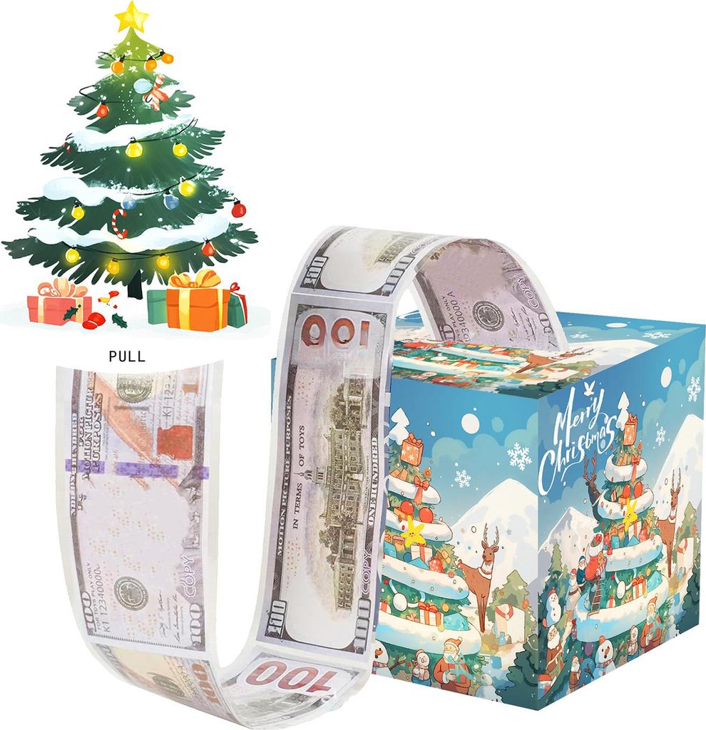 Weihnachtsgeldbox zum Herausziehen, DIY-Weihnachtsgeschenkbox mit transparenten Beuteln, Weihnachtsgeldhalter zum Herausziehen für Kinder und Erwa...