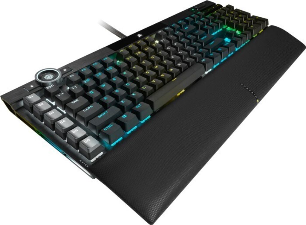 A gaming keyboard with RGB lighting and a wrist rest, shown from a diagonal angle on a white background.