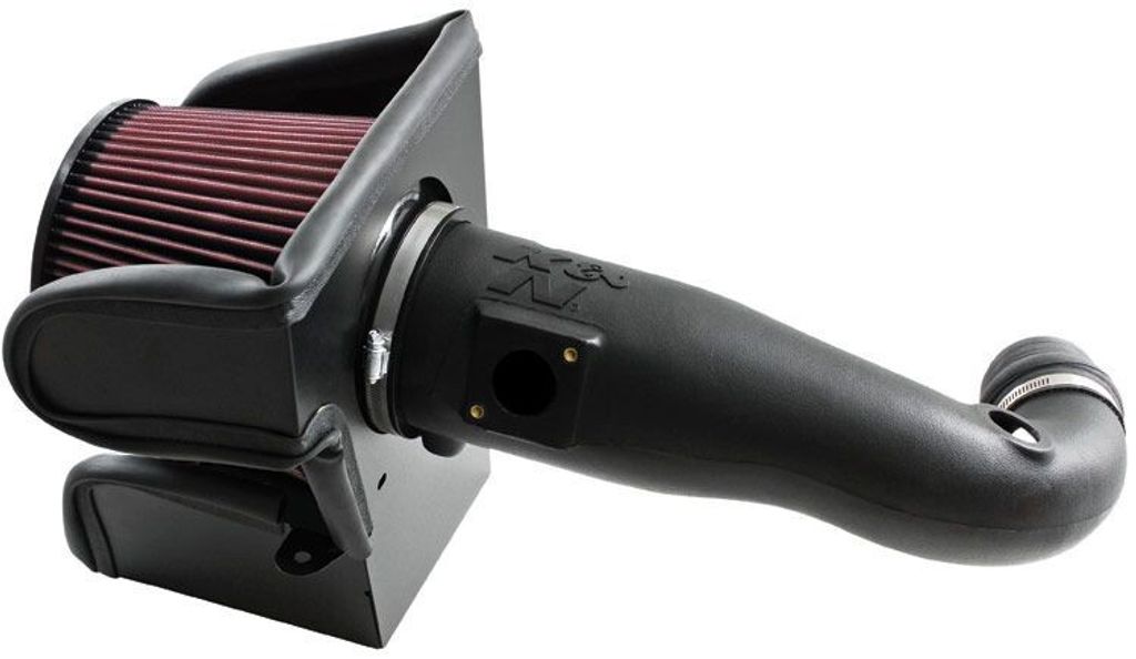 A black K&N air intake system with a red air filter is shown against a white background.