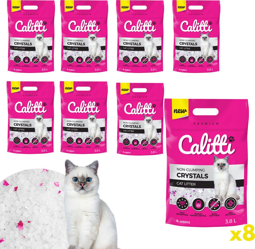 Calitti PREMIUM Silikat Katzenstreu 3,8L - Staubfrei Unparfümiert Kristall Silikatstreu, Geruchskontrolle, hohe Saugkraft, antibakteriell| 8er-Pack