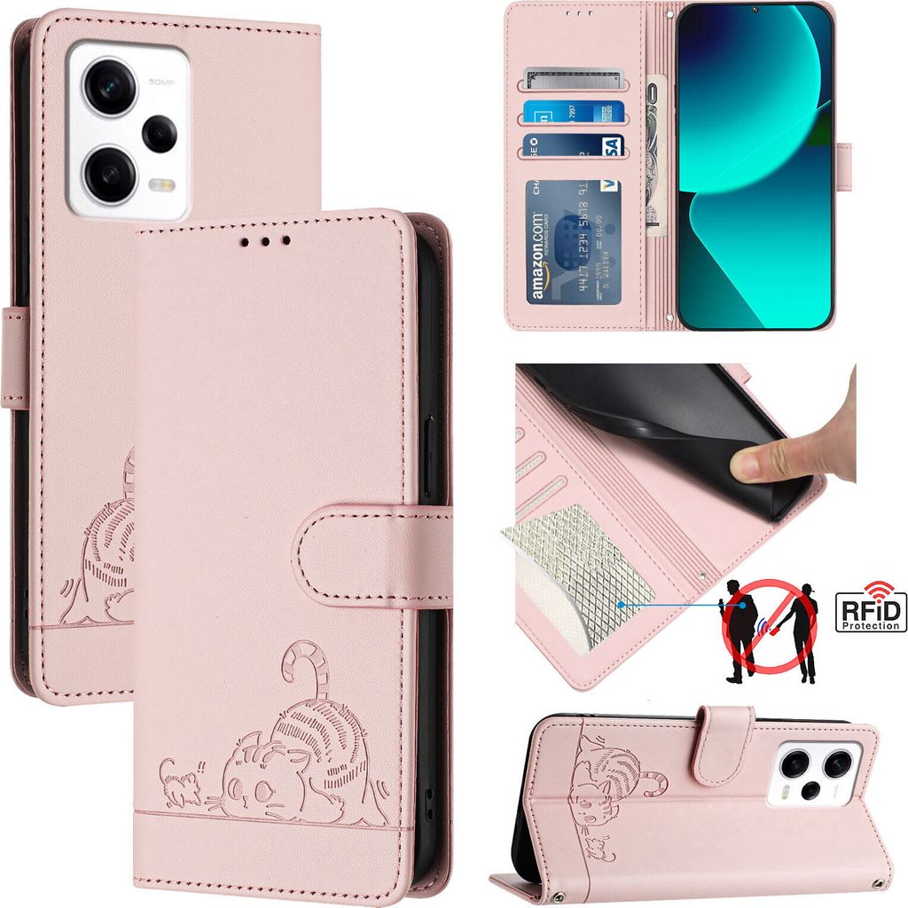 Leder Hülle für Xiaomi Redmi Note 12 Pro+ 5G Süße Katze Flip Case Brieftasche Schutzhülle mit Standfunktion Pink