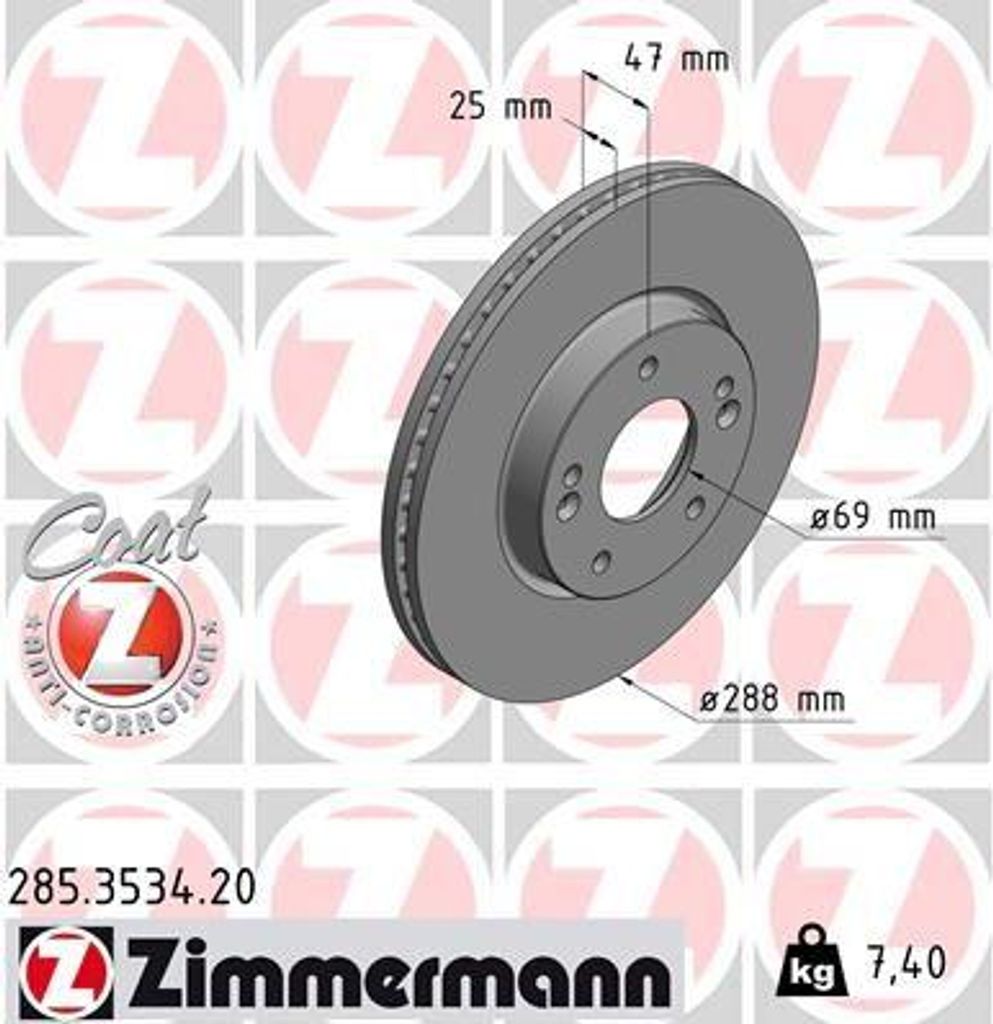 ZIMMERMANN 285.3534.20 Bremsscheibe OE 51712G4000 kompatibel mit Xceed, Ceed, i30