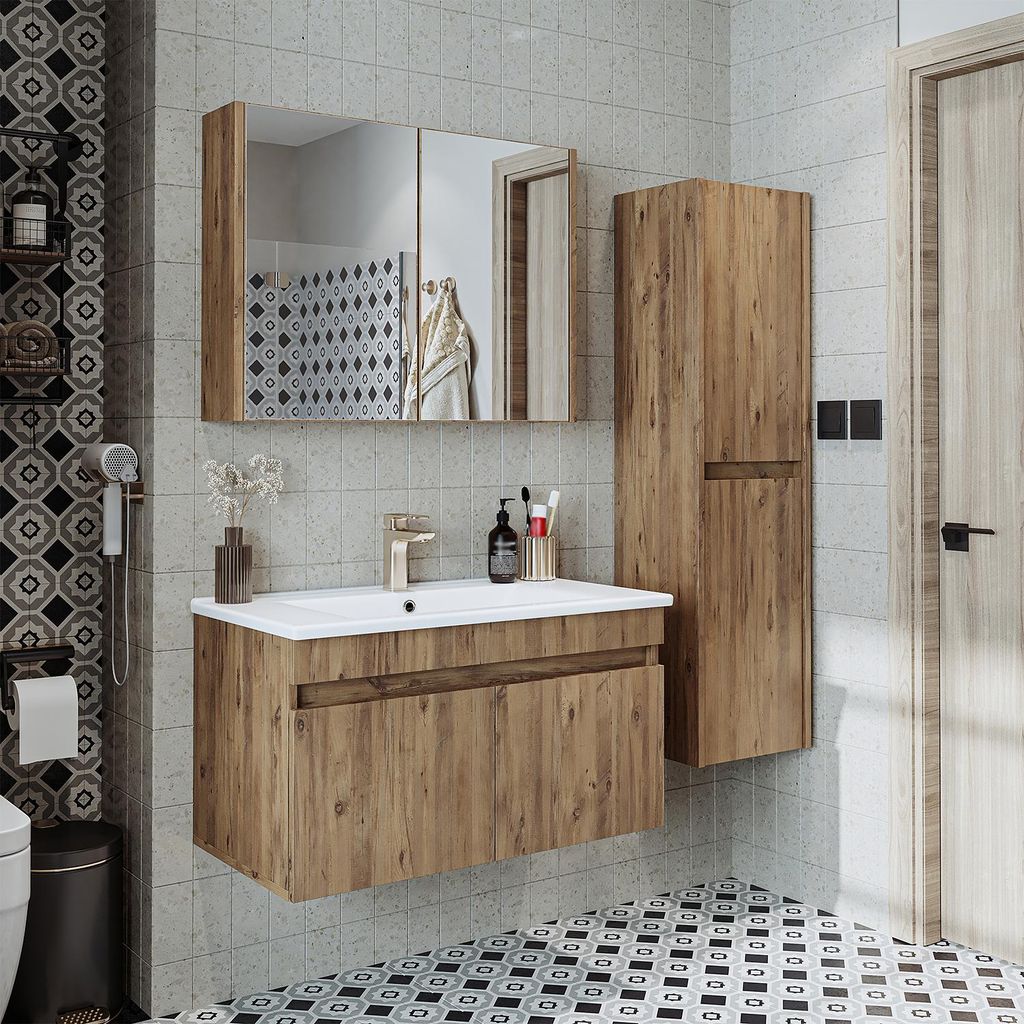 Roomart ATRIA-85 Badmöbel Set– 4-teiliges Badezimmermöbel Set - Waschbeckenunterschrank mit Keramikwaschbecken, Spiegelschrank & Hochschrank - ...