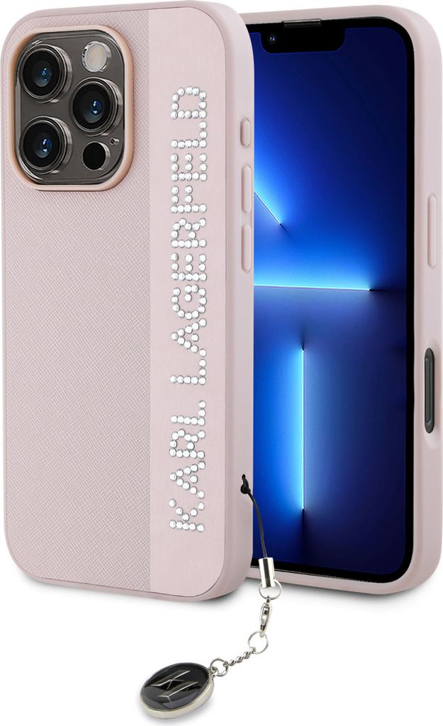 Karl Lagerfeld iPhone 16 Pro Max Back cover case - Saffiano rhinestones and charm - Pink