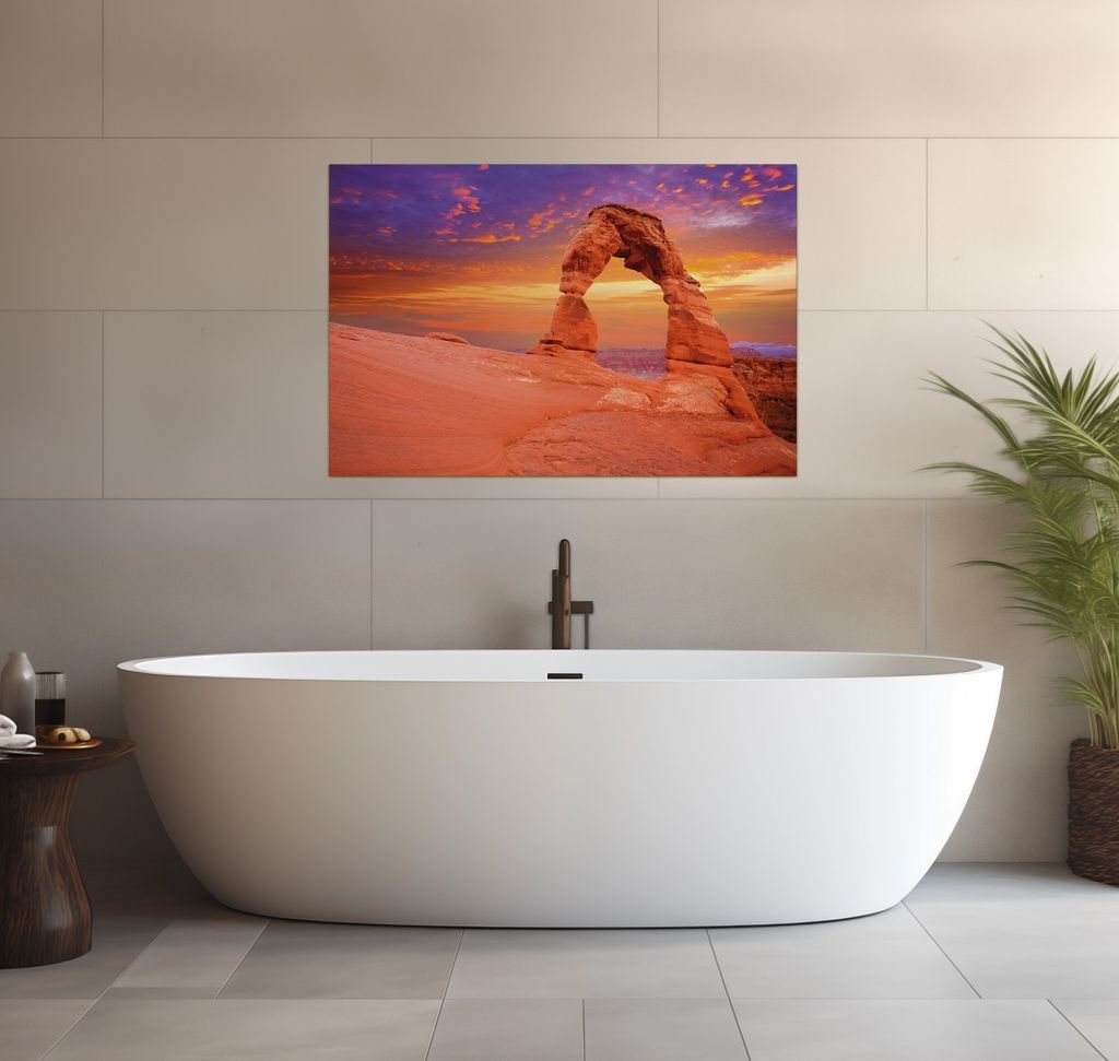 Wallario wasserfestes Poster selbstklebend 91,50 x 61 cm, Steinbogen vor einem farbenfrohen Himmel in lila-rot, Badezimmerposter Spritzschutz mit H...