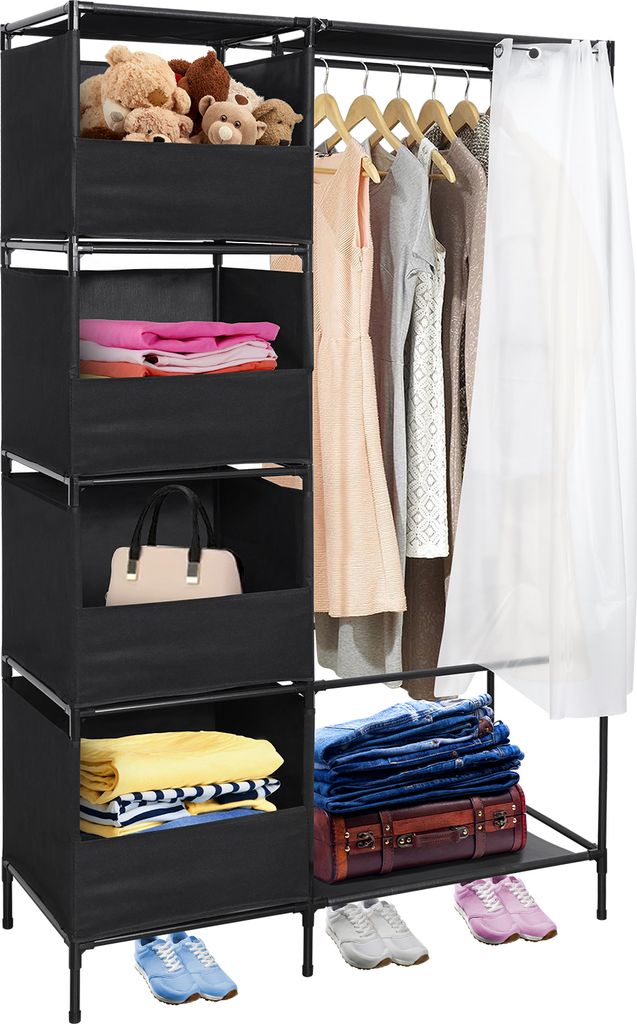 Kleiderständer mit 4 Ebenen, robuster Kleiderschrank mit Haken und Vorhang, freistehender Kleiderschrank-Kleiderständer zum Aufhängen von Kleidung