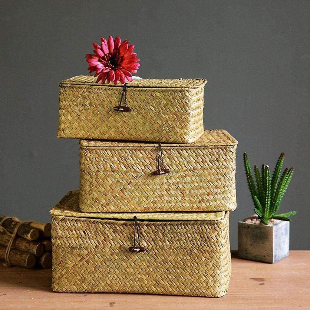 Set aus 3 gewebten Seegräsern, Rattan, rechteckiger Aufbewahrungskorb, Aufbewahrungsbox mit Deckel, multifunktionaler Organizer, Boxen für Kleidu...