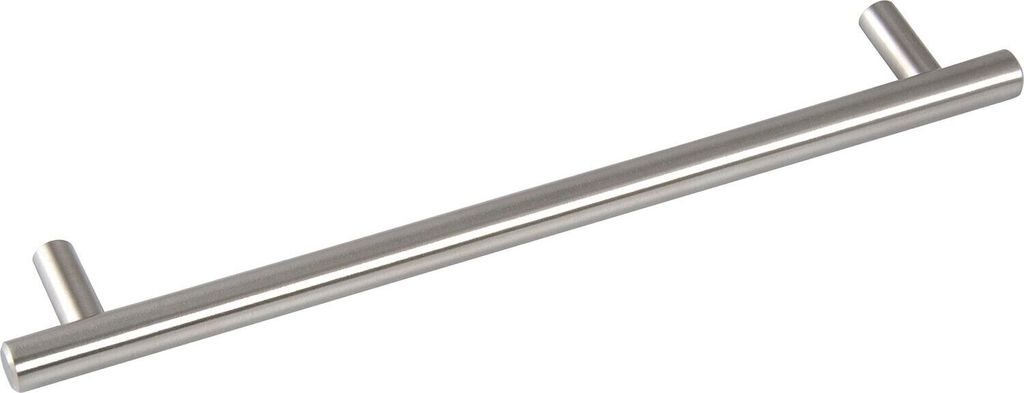 A single stainless steel cabinet handle is shown against a white background.