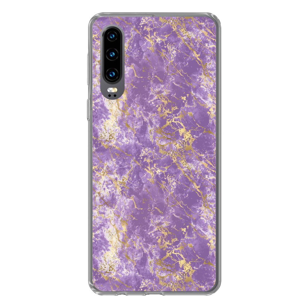 MuchoWow Handyhülle Schutzhülle Hülle für Huawei P30 Marmor - Lila - Gold - Muster Silikon Softcase Handy Hülle - Kartenbesitzer
