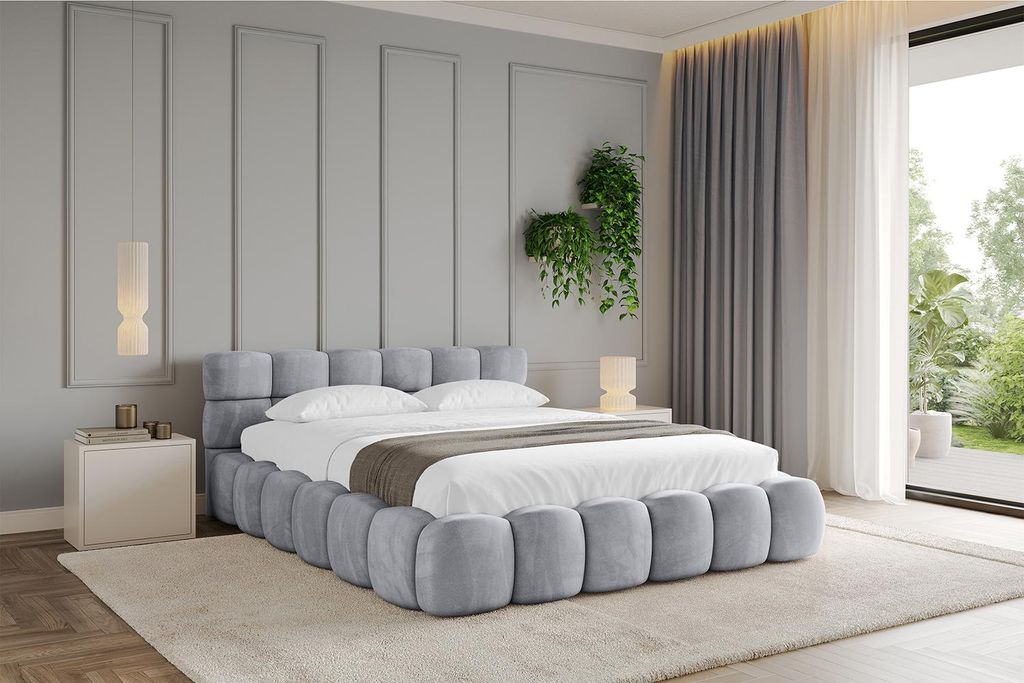 ALTDECOR Polsterbett mit Bettkasten LEYA v1 - 200x200 Hellgrau - Bett ohne Matratze, Doppelbett mit Stauraum und Latternrost, Boxbett mit Kopfteil