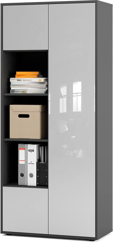 Armoire de bureau blanche et anthracite avec ouverture pression tactile