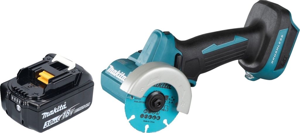 A cordless angle grinder and its battery pack are displayed on a white background.