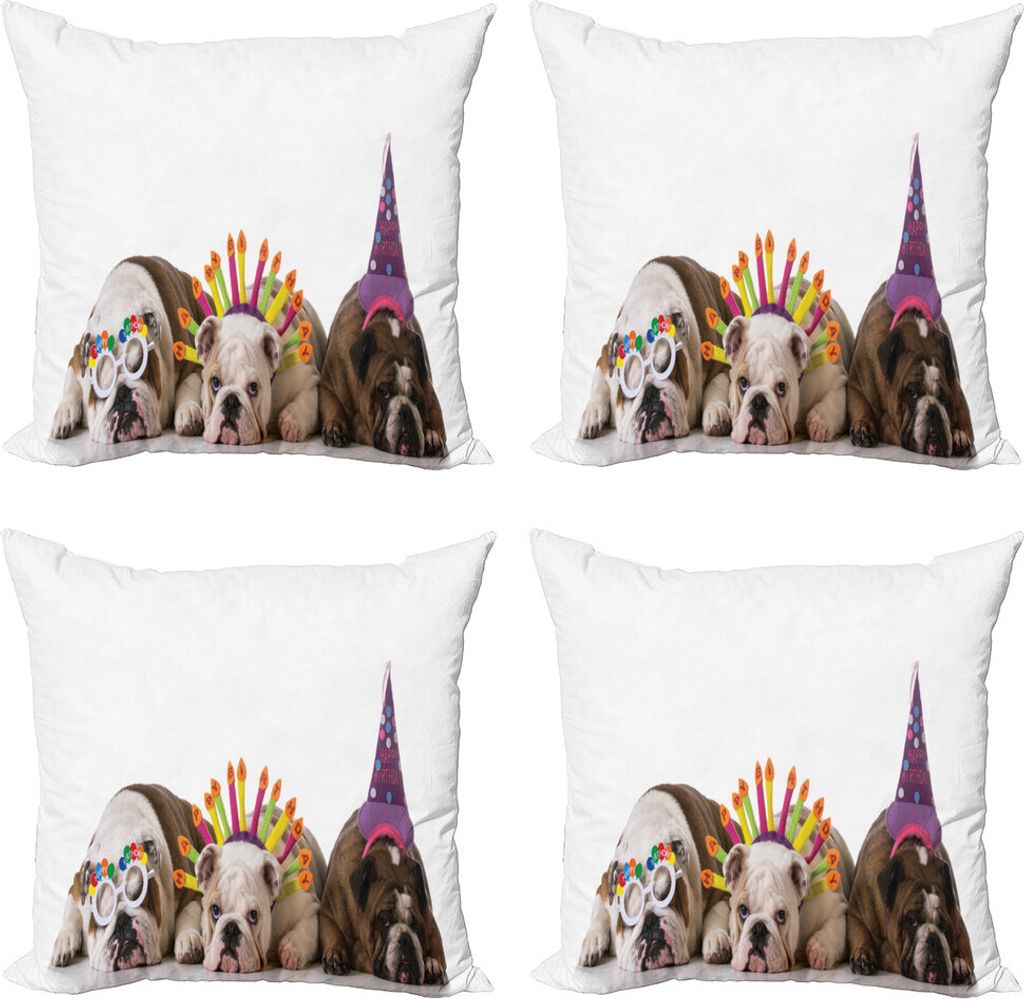 ABAKUHAUS Bulldogge Kissenbezug Set (4 Stück), Lustige Tiere in Party-Modus, Moderner Doppelseitiger Digitaldruck, 50 cm x 50 cm, Weiß und Multic...