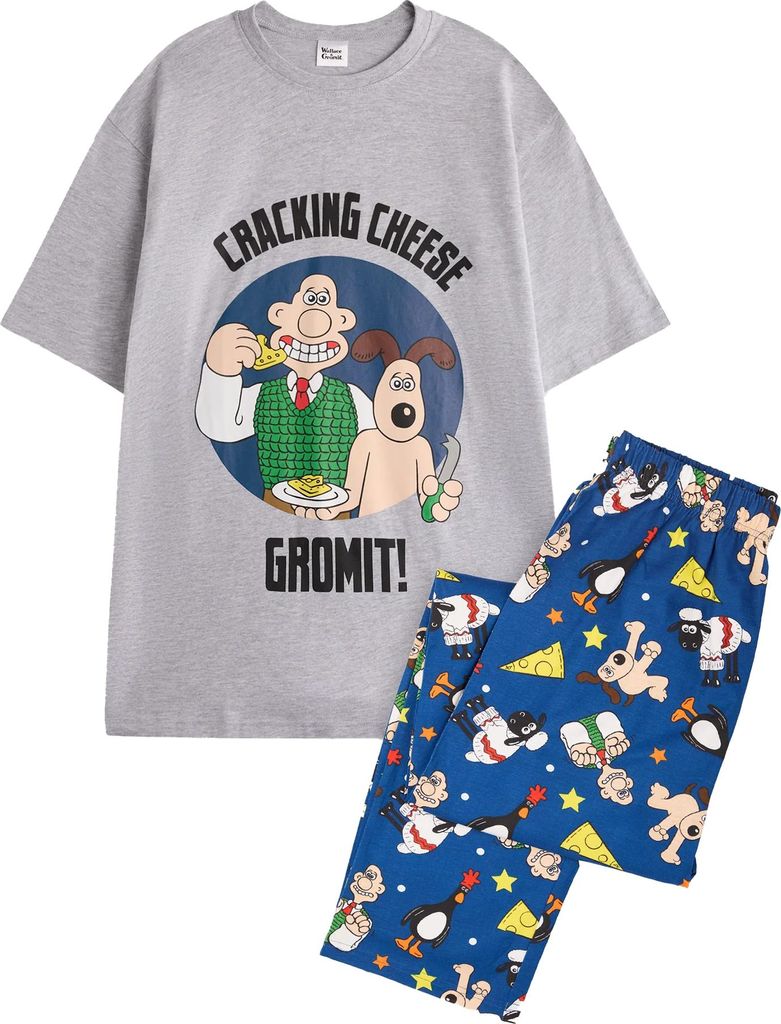 Wallace and Gromit - Schlafanzug mit langer Hose für Herren, kurzärmlig NS9281 (XXL) (Grau/Blau)