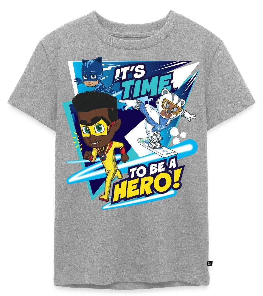 Spreadshirt PJ Masks It's Time To Be A Hero Mit Newton Star Kinder Premium T-Shirt, 110/116 (4 Jahre), Grau meliert