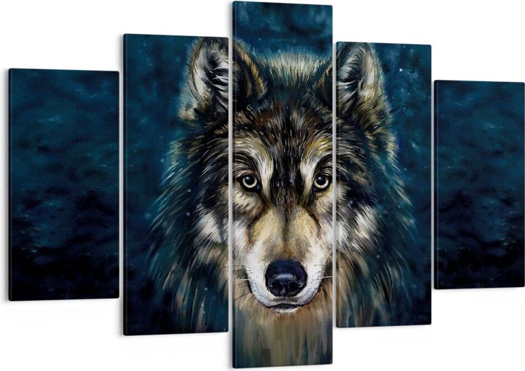 Bild auf Leinwand - Leinwandbild - 5 Teile - Wolf Dunkel Grafik - 150x100cm - Wand Bild - Wanddeko - Wandbilder - Leinwanddruck - Bilder - Wanddeko...