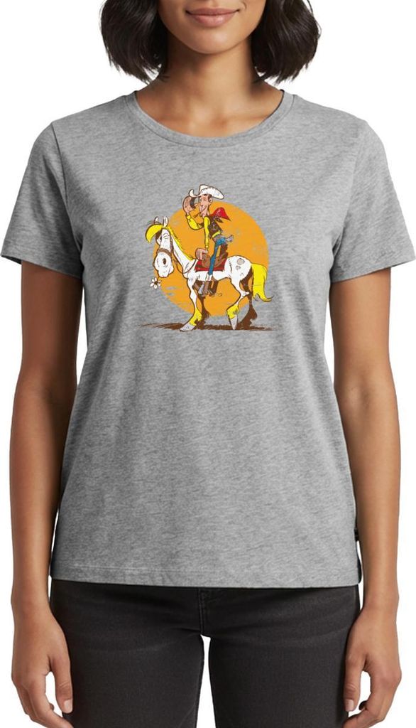 Spreadshirt Lucky Luke Jolly Jumper im Sonnenuntergang Frauen Premium T-Shirt, M, Grau meliert