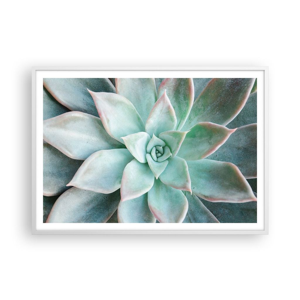 Gerahmtes Poster - Weißer Rahmen - Blau Blätter Agave - 100x70 cm - Wand Bild - Wanddeko - Wandbilder - Kunstposter - Wandposter - Bilderrahmen -...