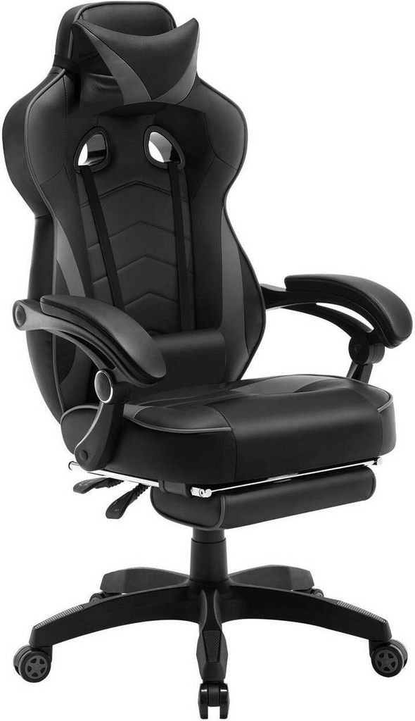 WOLTU Gaming Stuhl Racing Stuhl Bürostuhl Schreibtischstuhl Sportsitz mit Kopfstütze und Lendenkissen Fußstütze Kunstleder Grau