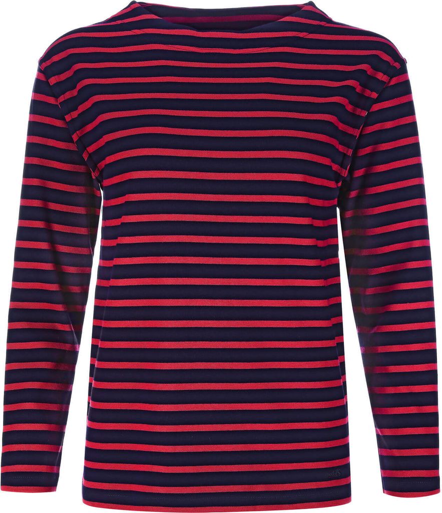 modAS Damen Shirt Bretonisches Damenshirt mit U-Boot Ausschnitt - Ringelshirt Streifenshirt Langarmshirt mit Streifen aus Baumwolle in Blau-Rot Gr...
