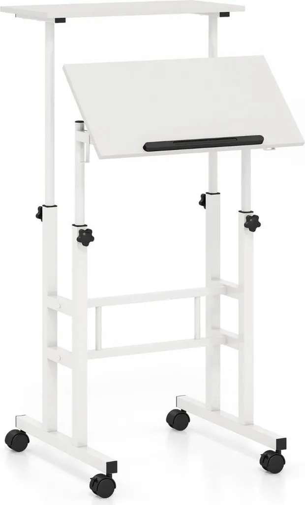 Bureau réglable en hauteur assis-debout blanc sur roulettes robustes
