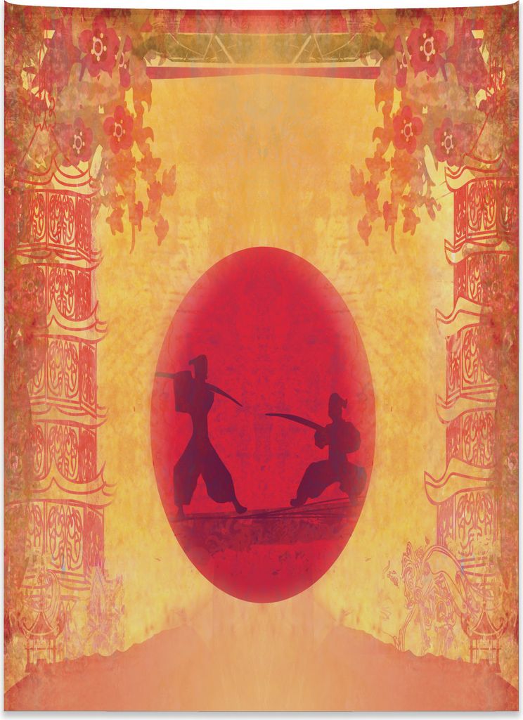 Abakuhaus japanisch Wandteppich, Ninjas Vintage Sonnenuntergang aus Weiches Mikrofaser Stoff Kein Verblassen Klare Farben Waschbar, 110 x 150 cm, S...