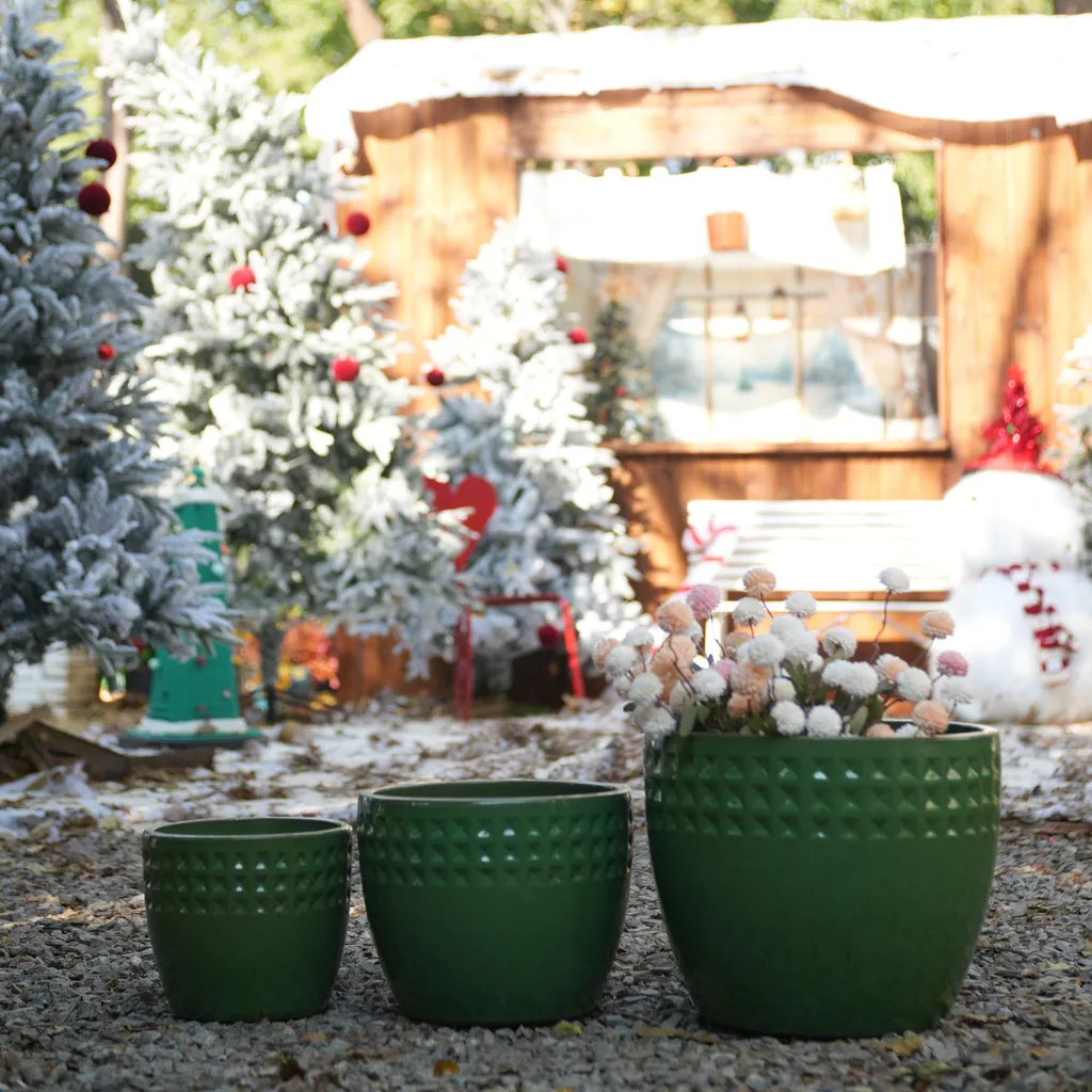 Pots de fleurs respirants en céramique verte faits main - Set de 3 pots - 2