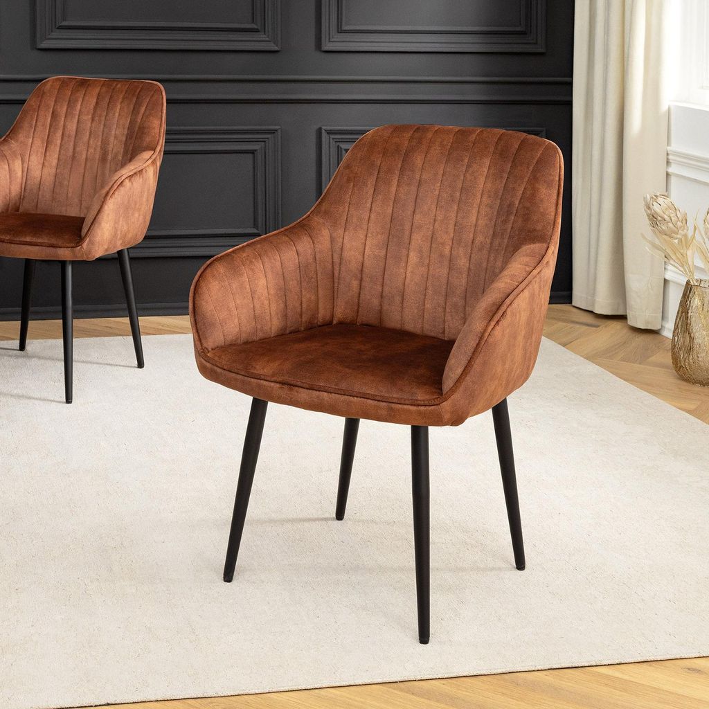 riess-ambiente Design Stuhl TURIN rost braun Samt mit Ziersteppung und Armlehne schwarz Metall