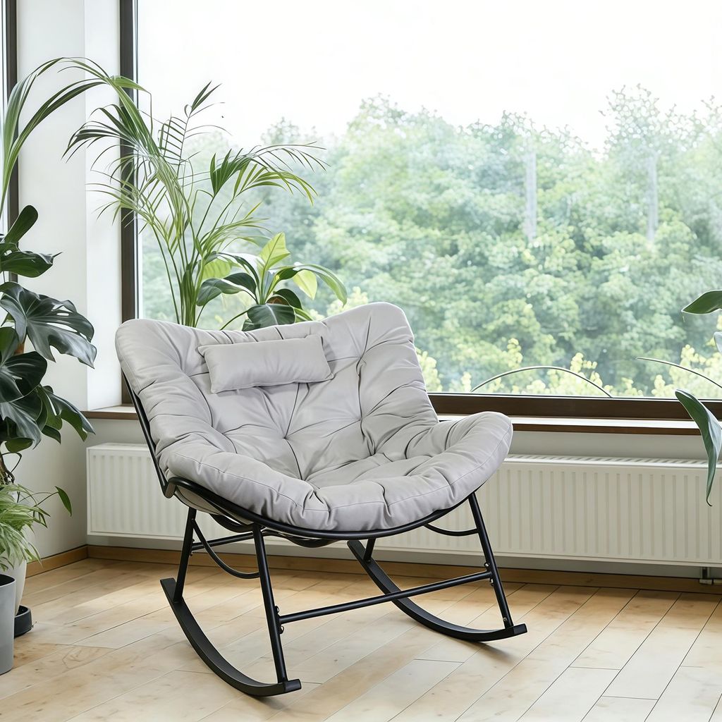 CCLIFE Schaukelstuhl Schaukelsessel Extra groß Wohnzimmer Relaxstuhl Kopfstütze Belastbarkeit Bis 150kg Grau