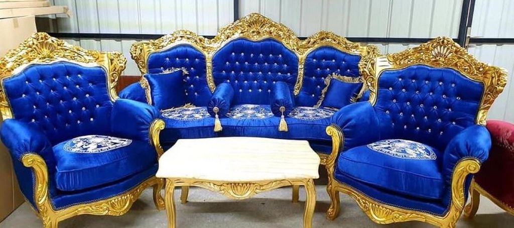 Casa Padrino Barock Wohnzimmer Set Blau Muster / Gold - 1 Barock Sofa & 2 Barock Sessel - Wohnzimmer Möbel im Barockstil - Barock Möbel - Barock ...