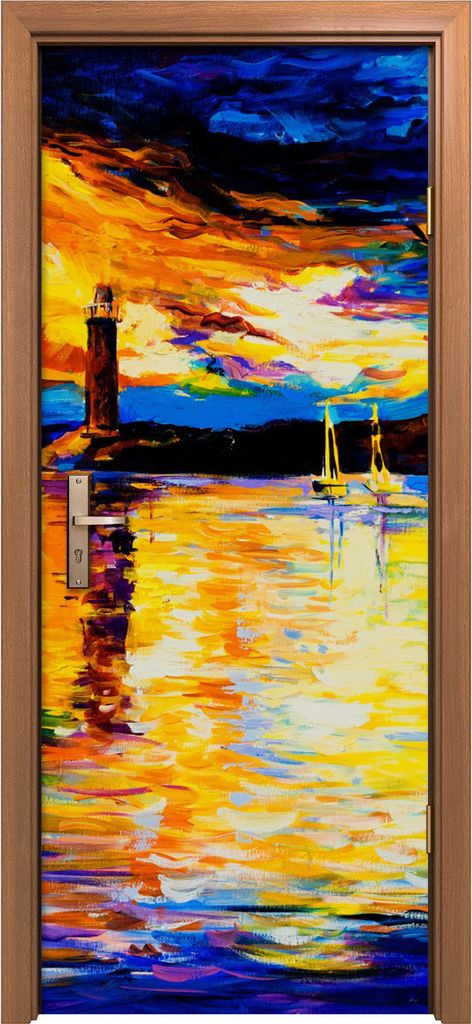 Türposter 80x200 cm Türaufkleber Türtapete Türfolie Klebefolie Boote Wasser Leuchtturm farbenfroh