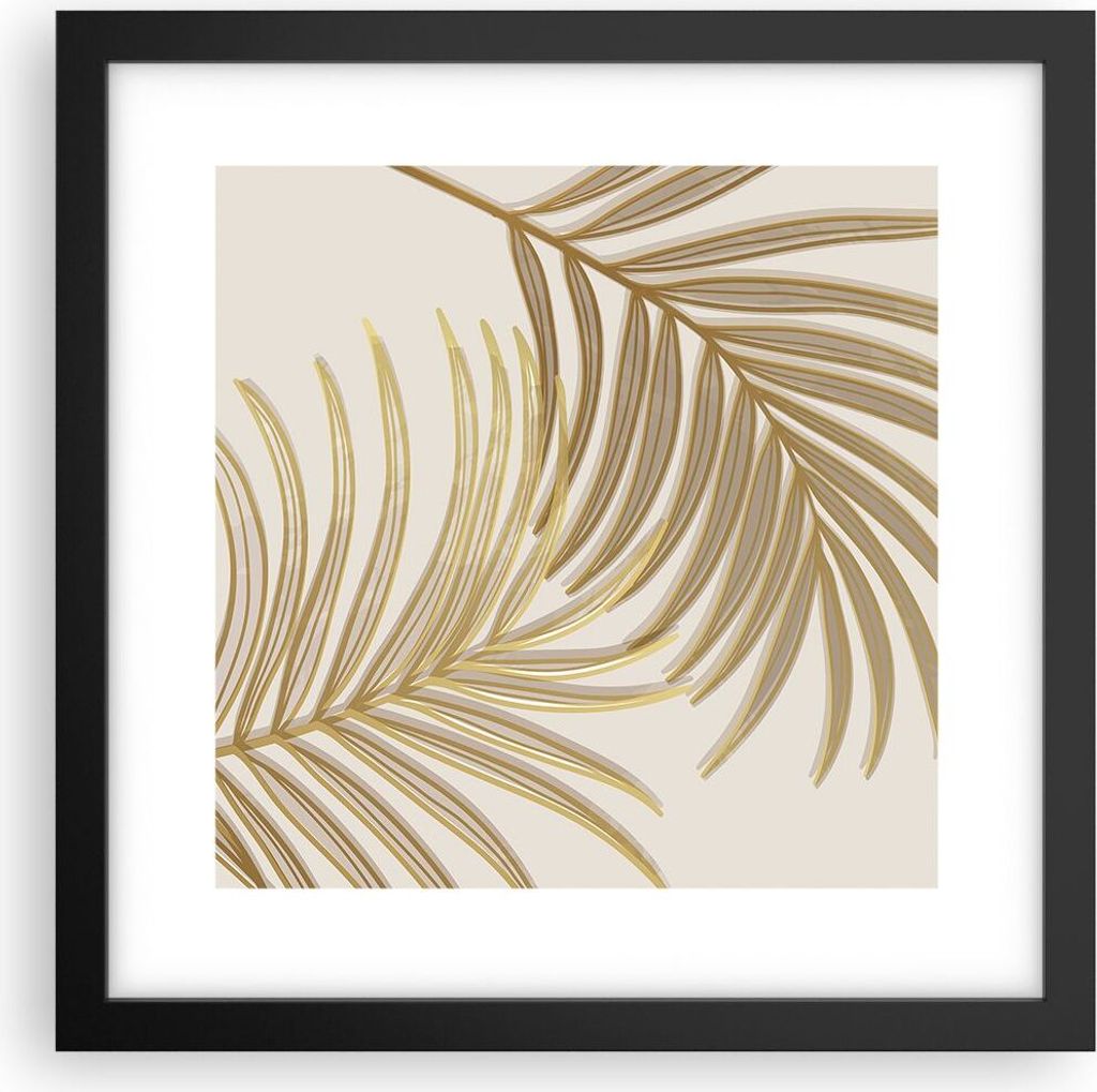 Gerahmtes Poster - Schwarzer Rahmen - Golden Blätter Palmen - 30x30 cm - Wand Bild - Wanddeko - Wandbilder - Kunstposter - Wandposter - Bilderrahm...
