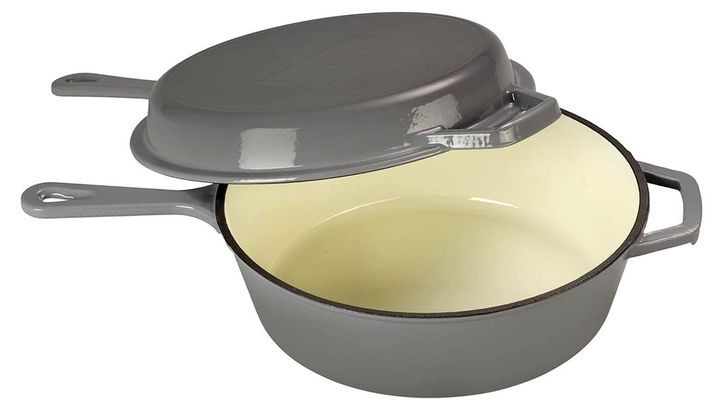 2-in-1 Schmortopf und Grillpfanne Set, Gusseisen Bräter mit Deckel, Gusseisentopf mit Emaille-Beschichtung, Grau, 2,5 L