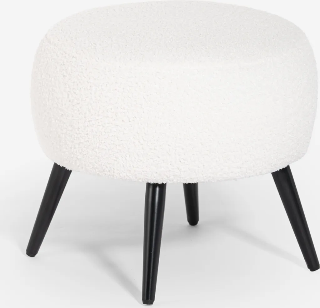 Petit pouf de salon Belix blanc bouclé avec piètement métal noir chic