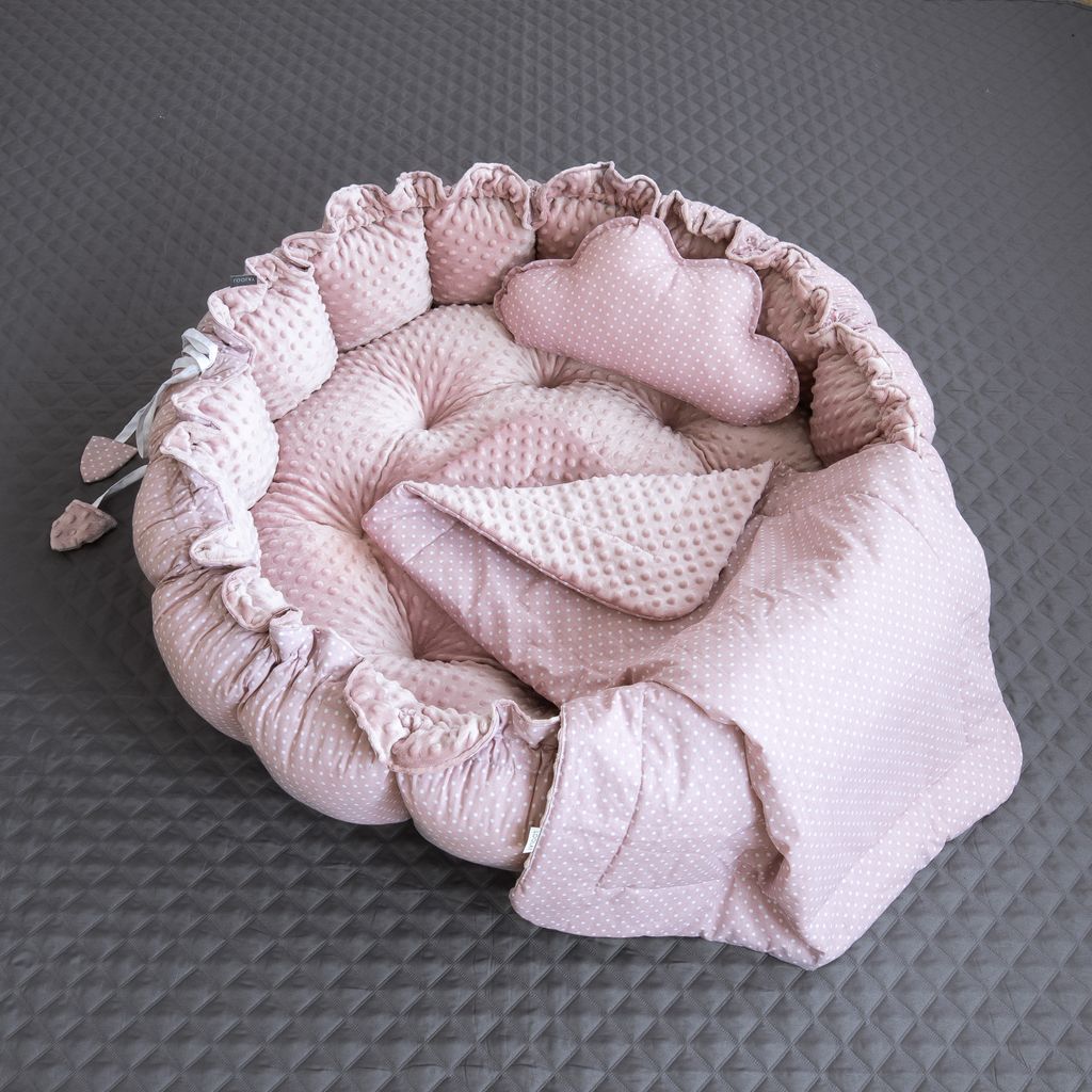 Zweiseitig Babynest ENGELSNEST XXL PUNKTE Rosa/ MINKY Altrosa Baumwolle + Wolke Kissen + BABYDECKE (Reisebett Nestchen Ausstattung SET)