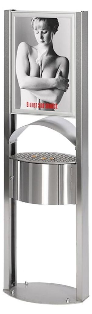 Robuster Standascher mit Schutzdach & Werbefläche für den Aussenbereich | 15 Liter, HxBxT 180x58x35cm | Edelstahl